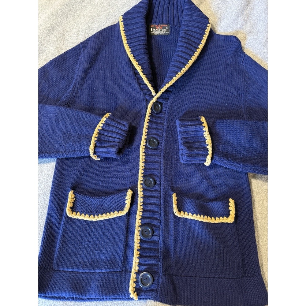 Vintage Campus Shawl Collar Blue/Yellow Knit Cardigan Mens Large 70s/80s Acrylic